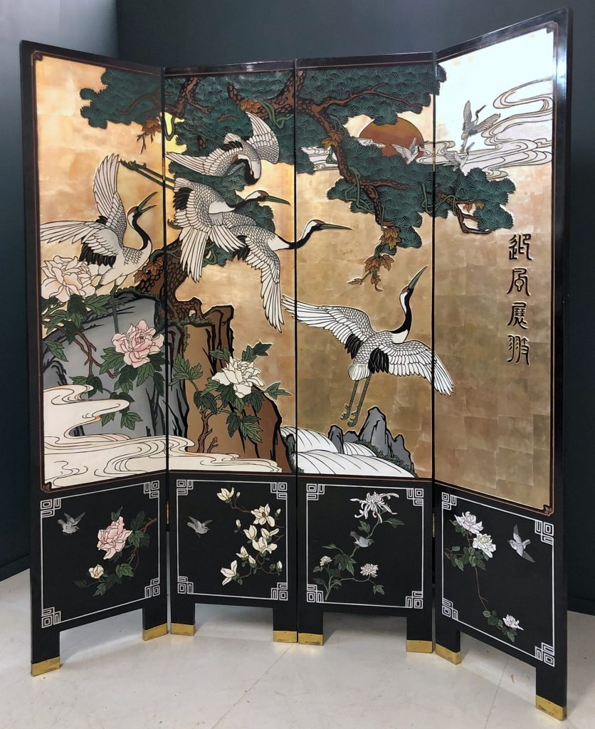 Chinese gold leaf lacquered coromandel screen with cranes and bamboo
